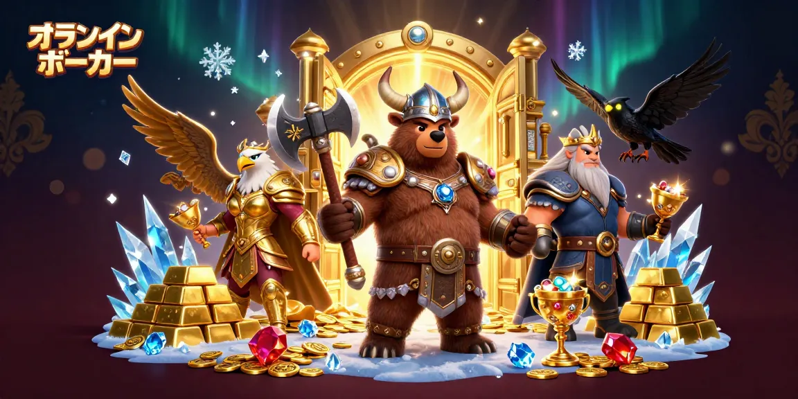 オンラインポーカーを楽しむためのダイナミックなシーンに、金色の宝物が溢れるポーカーゲームのイラスト。