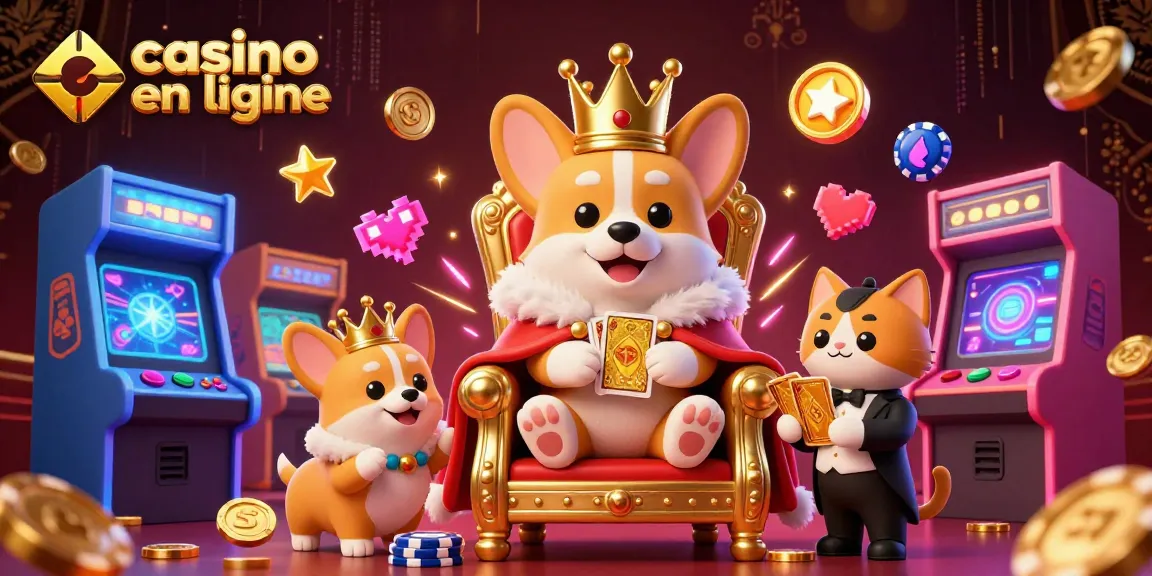 Jouez au casino en ligne avec des corgis royaux, machines à sous colorées et un décor luxueux.