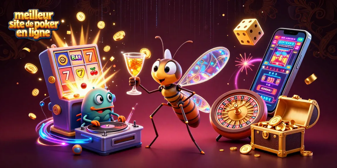 Scène vibrante présentant le meilleur site de poker en ligne avec une mascotte moustique et une scène de casino dynamique.