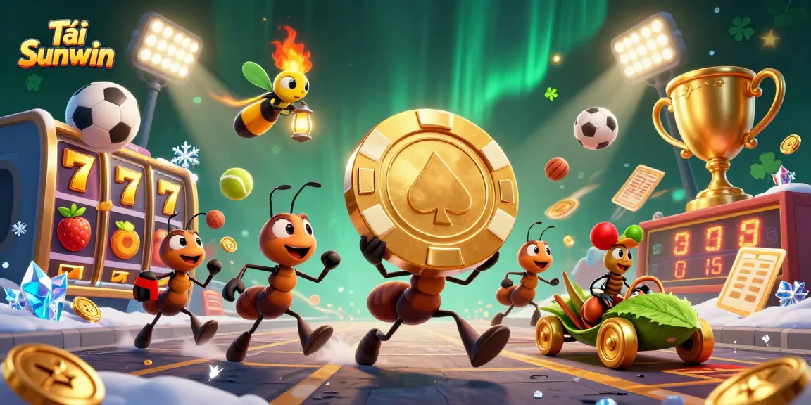 Tải Sunwin now with our dynamic heist scene featuring playful ants and vibrant casino elements.