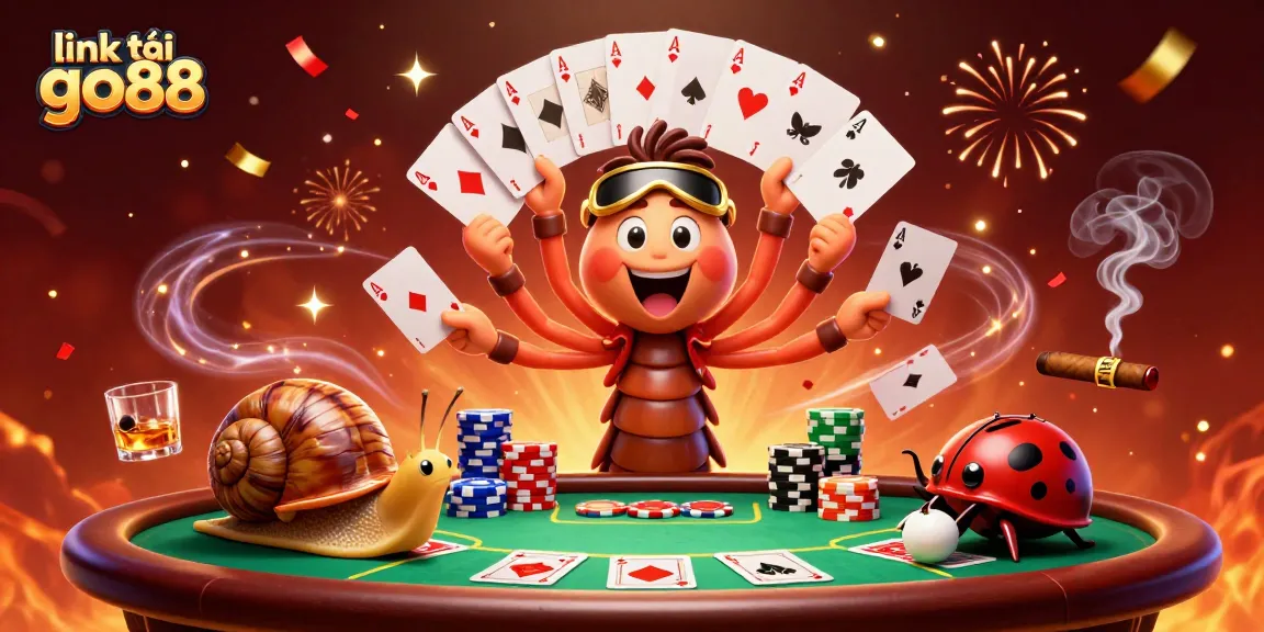 Engage with link tải go88 as the animated millipede dealer showcases thrilling card action at a vibrant virtual casino scene.