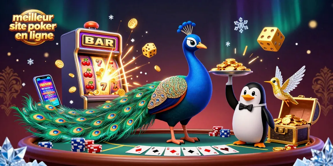 Gagnez au meilleur site de poker en ligne avec des personnages animés entourés de jetons et de cartes.