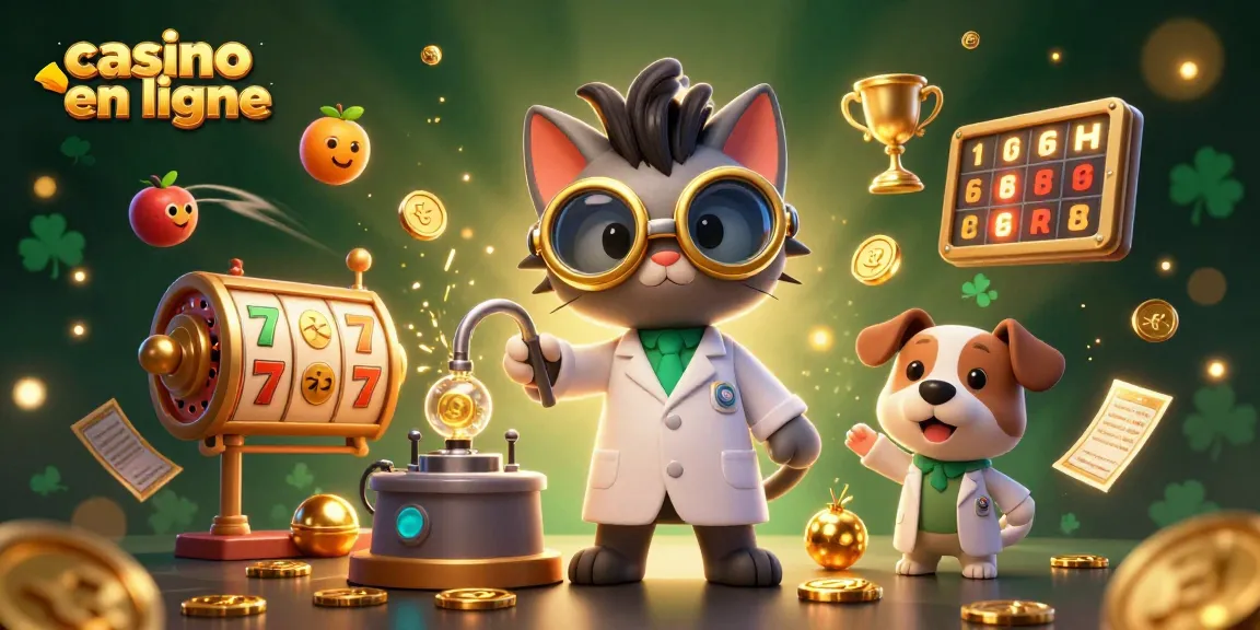 Jouez à des jeux de casino en ligne avec l'illustration d'un scientifique fou créant des machines à pièces d'or.