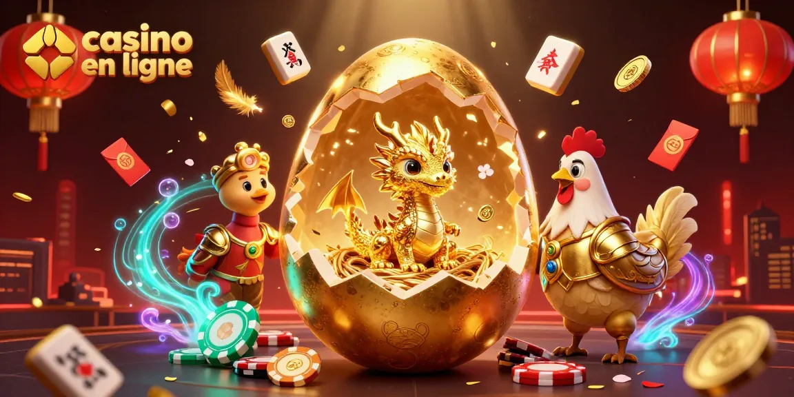 Casino en ligne avec un dragon doré et des symboles de jeu, expérience immersive unique.