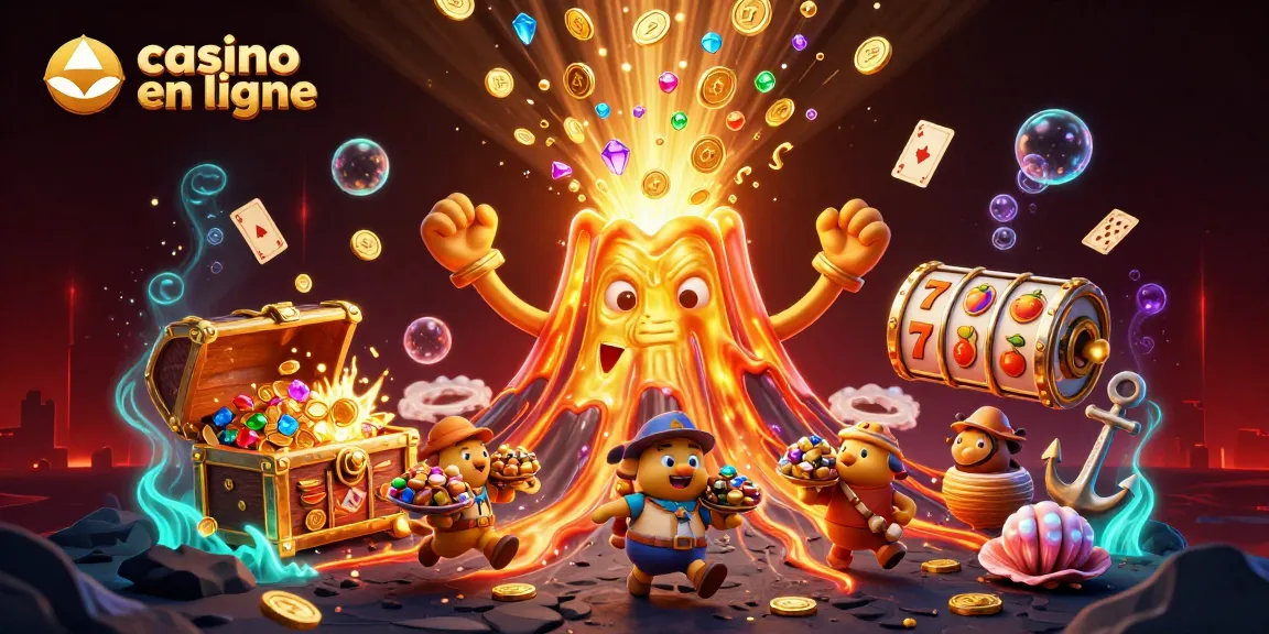 Découvrez l'univers captivant du casino en ligne avec un volcan doré et des trésors flottants.