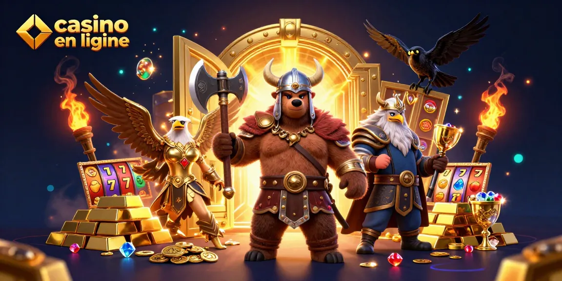 Illustration dynamique de casino en ligne avec un ours Viking et une aigle Valkyrie, entourés de trésors