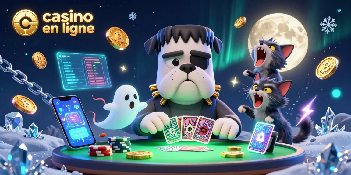 Un jeu excitant de casino en ligne avec un bulldog Frankenstein, une souris fantôme et un chat loup, tous rassemblés autour d'une table verte.
