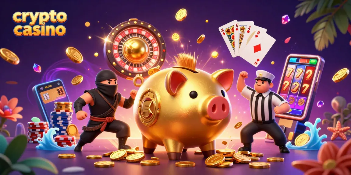 Plongez dans l'univers du crypto casino avec une scène dynamique de jeux et personnages, où les gains à portée de main !