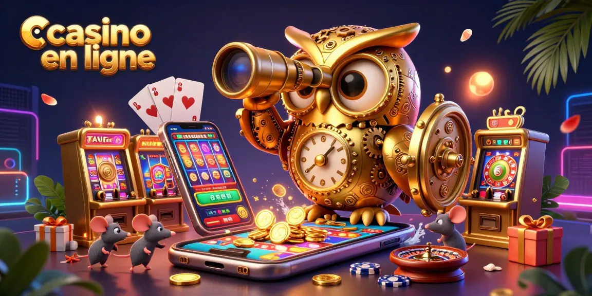 Découvrez le monde dynamique du casino en ligne avec cette illustration 3D captivante de notre hibou doré astucieux.