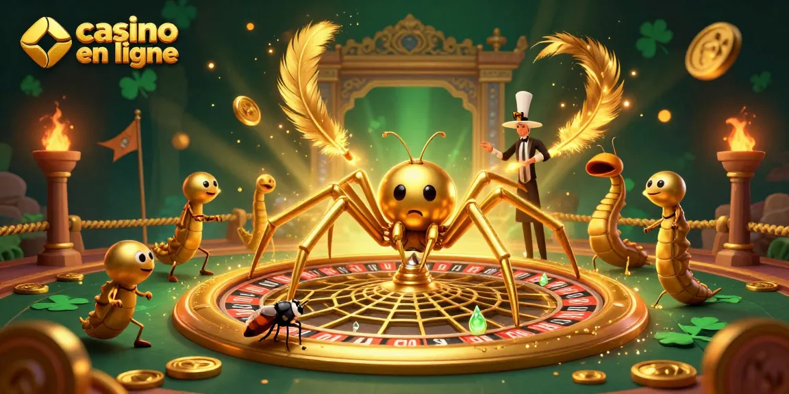 Illustration dynamique d'un casino en ligne avec une araignée dorée au centre, toile et jetons de jeu.