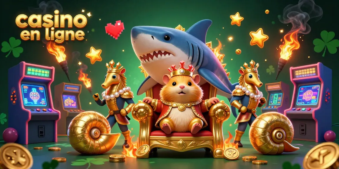 Le roi hamster en or sur son trône, dans un casino en ligne rempli de couleurs vives.