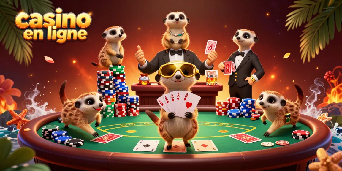 Les suricates gèrent un casino en ligne extravagant avec des jetons et des cartes de jeu.