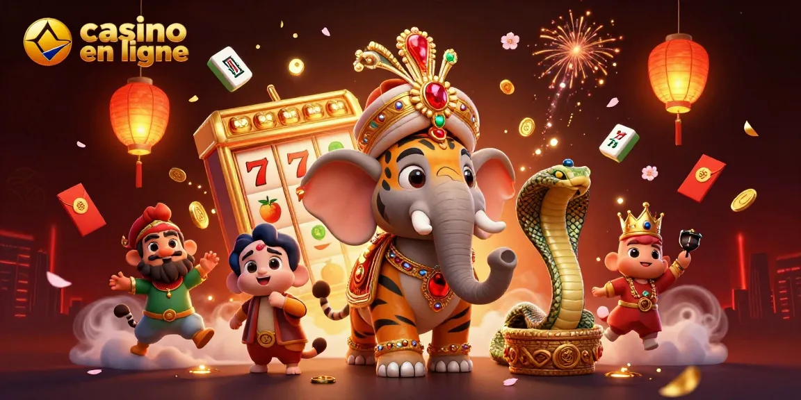 Jouez au casino en ligne avec un éléphant richement décoré et un tigre maharaja.