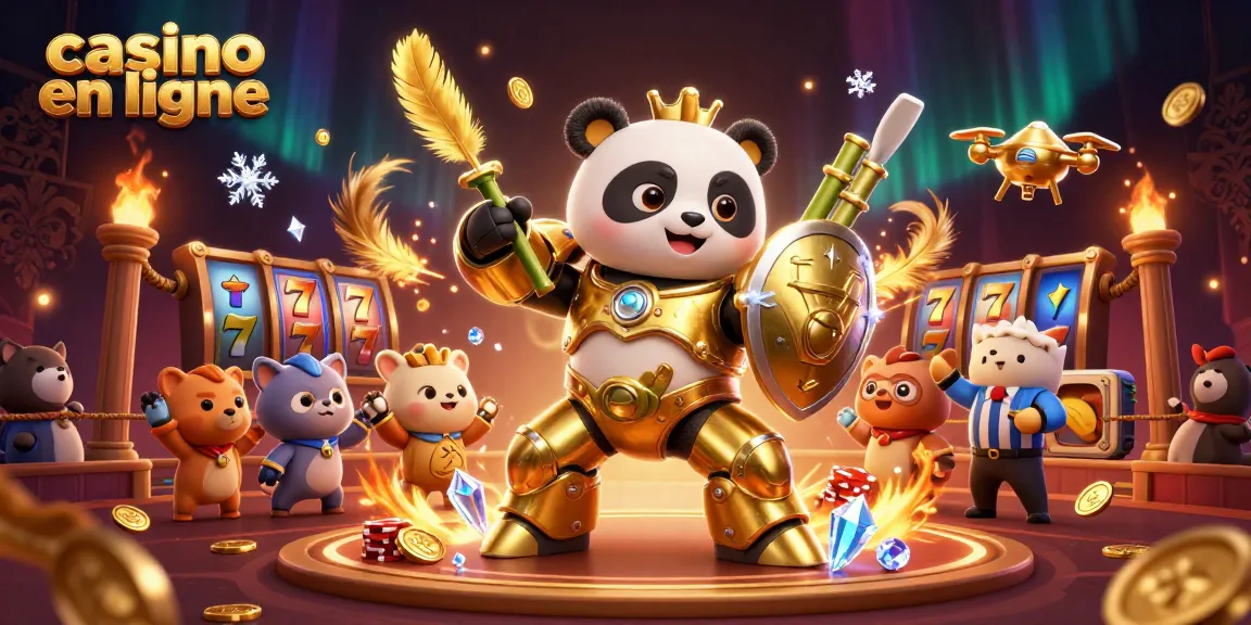 Illustration dynamique autour du casino en ligne avec un panda en armure de combat dans une arène festive.