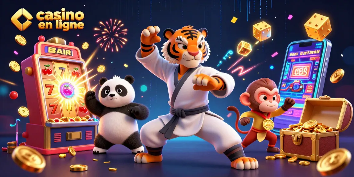 Plongez dans l'univers du casino en ligne avec cette scène dynamique incluant un tigre maître kung fu, un panda disciple et un singe espiègle.