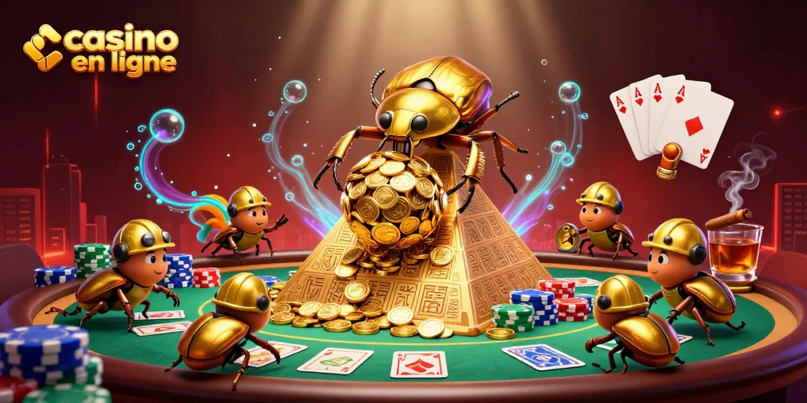 Cartes et jetons au casino en ligne, ambiance festive avec des symboles égyptiens.