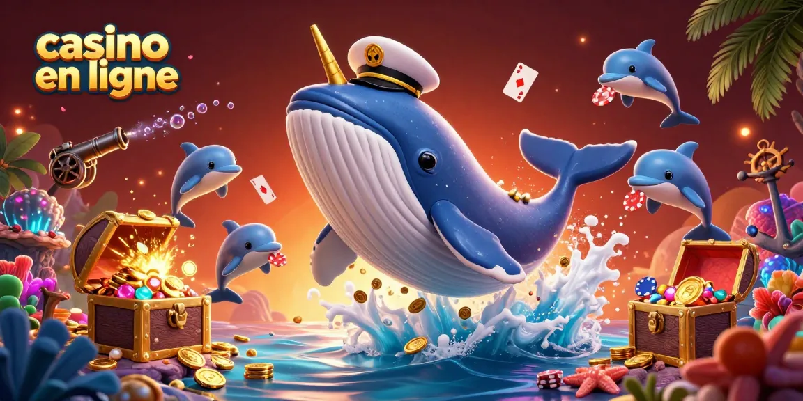 Plongez dans l'univers du casino en ligne avec cette illustration vivante de personnages marins gambadant parmi les pièces d'or et les cartes à jouer.