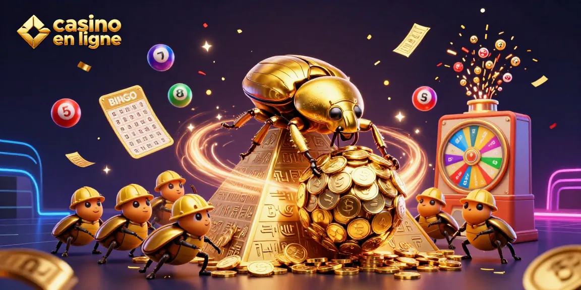Visualiser un monde vibrant de casino en ligne avec une scènes animée et festive remplie de symboles de jeu.