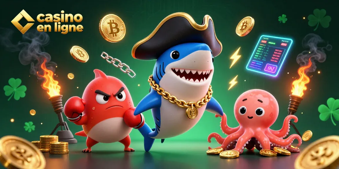 Les pirates en action au casino en ligne, avec des éléments crypto scintillants et de la richesse.