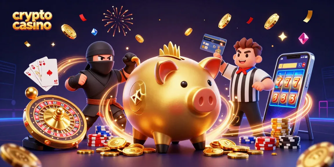 Animation d'un crypto casino avec un sumo, un ninja et un arbitre illustrant des gains dorés.