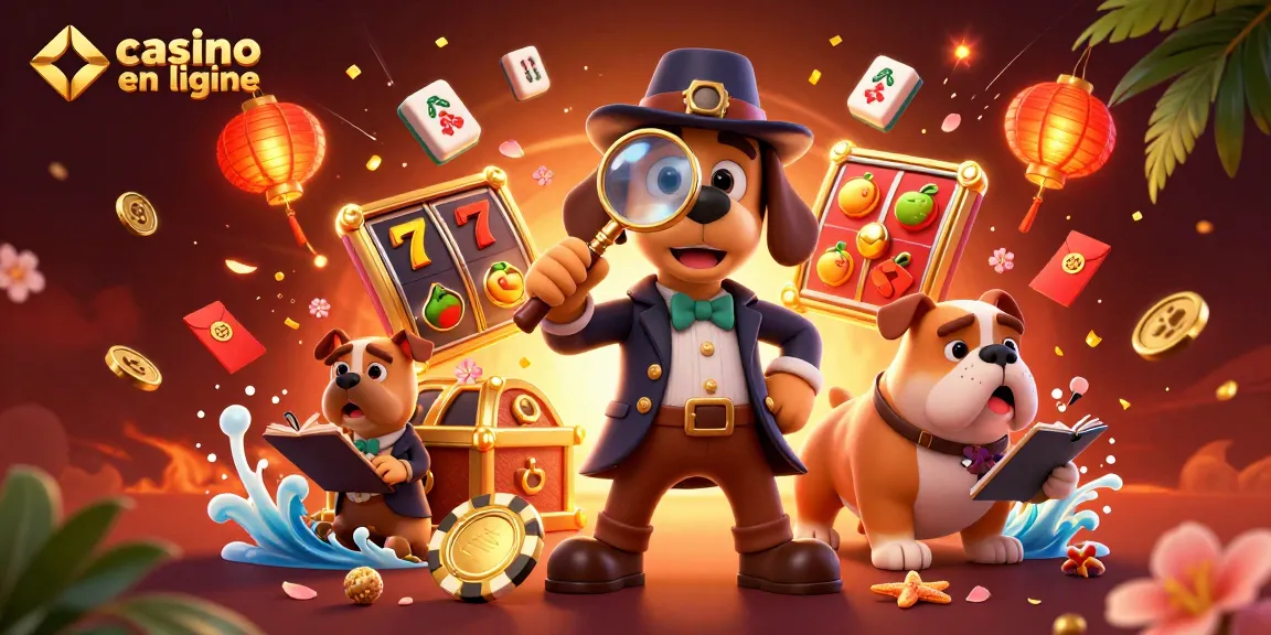Illustration d'un casino en ligne avec un détective et un bulldog, mettant en évidence des éléments de jeu.