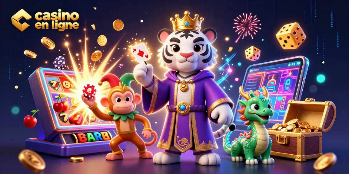 Illustration d'un tigre blanc royal et d'un singe jonglant, représentant le casino en ligne