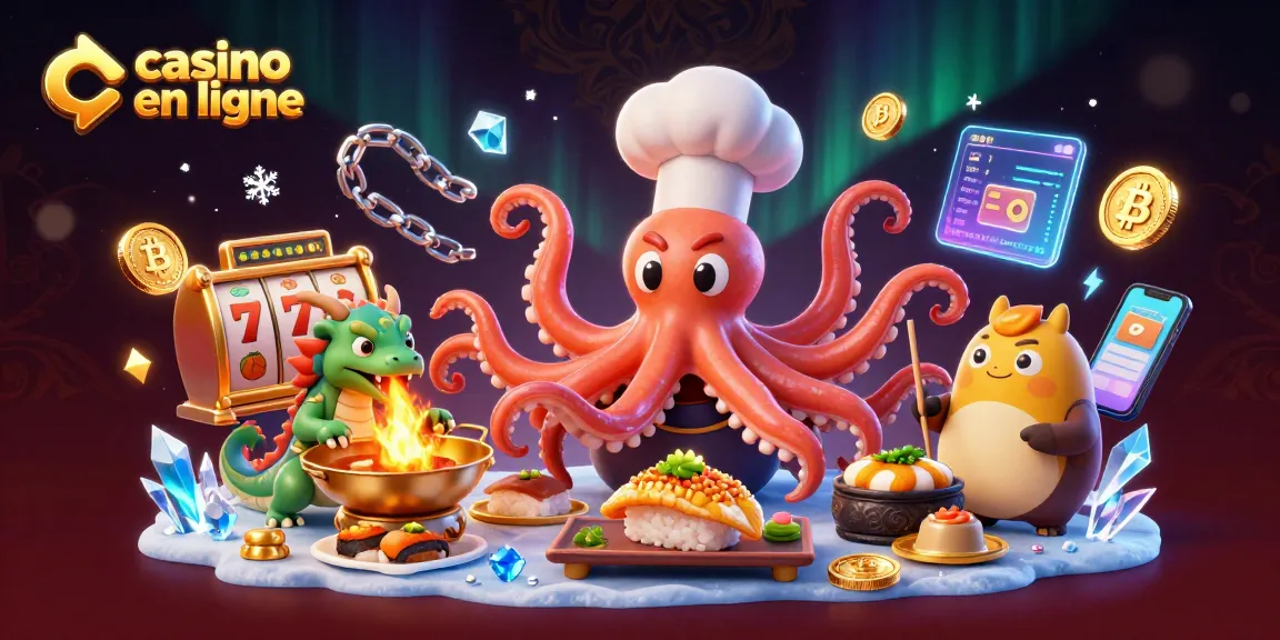 Une scène dynamique de chef sushi en ligne préparant des plats dorés avec des éléments de casino en ligne.