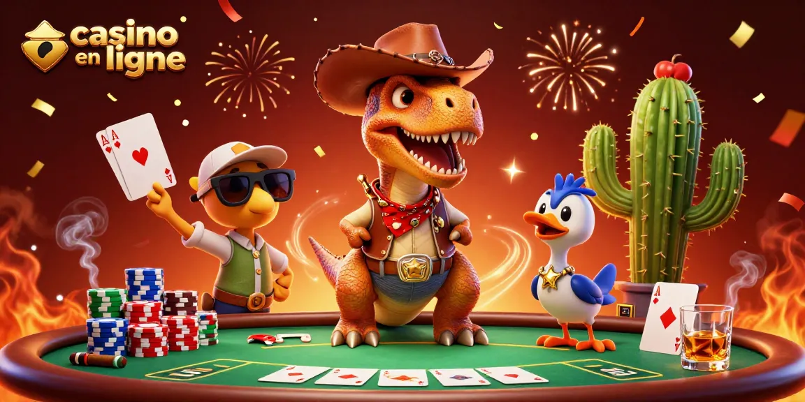 Jouez au casino en ligne avec un dinosaure cowboy et ses amis dans une scène animée.