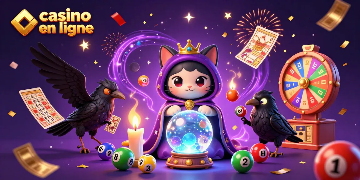 Découvrez une scène captivante de casino en ligne avec un chat mystique et une carte de bingo.