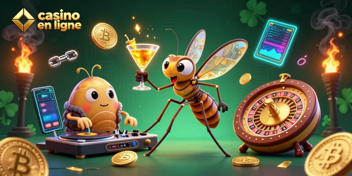 Vivez l'expérience du casino en ligne grâce à une illustration dynamique avec un ravissant moustique mascotte et un DJ trilobite.