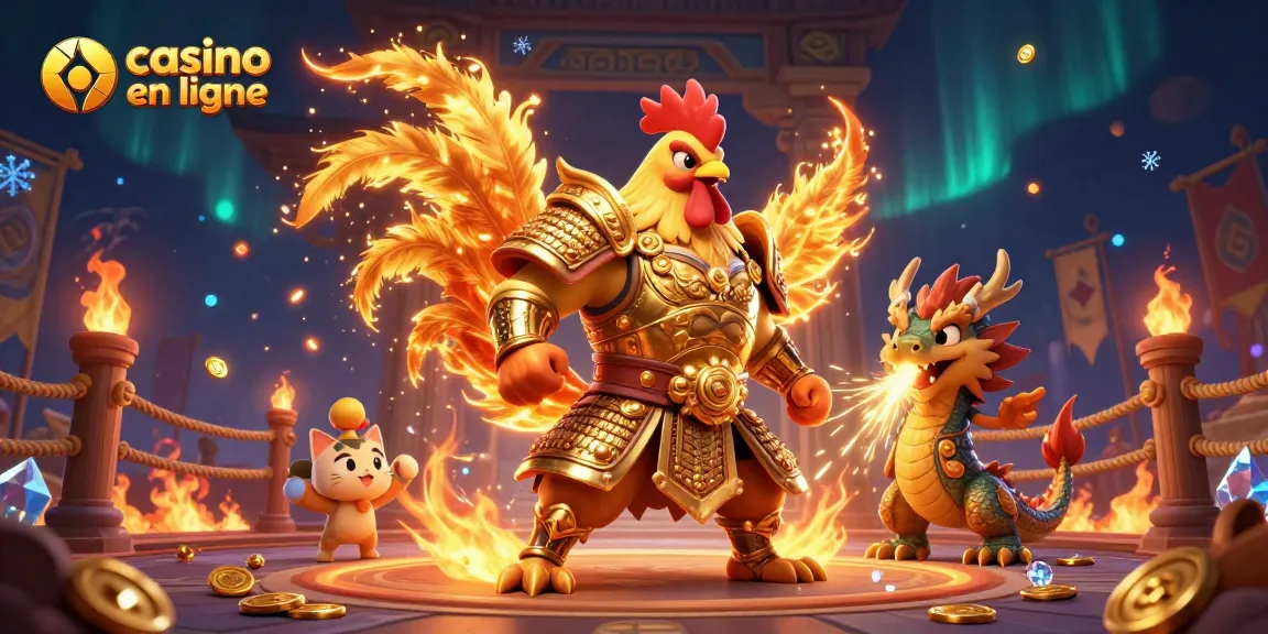 Le jeu au casino en ligne avec un coq guerrier, un dragon et un chat porte-bonheur dans une animation dynamique.