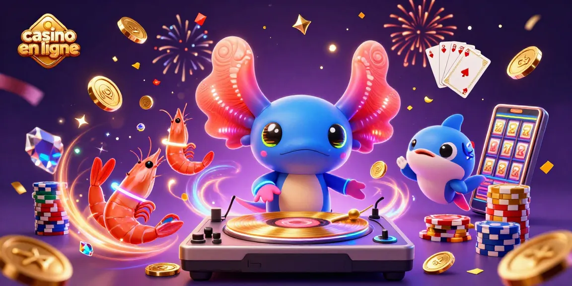 Animation de l'axolotl DJ pour un casino en ligne avec des pièces d'or et des jeux de cartes.