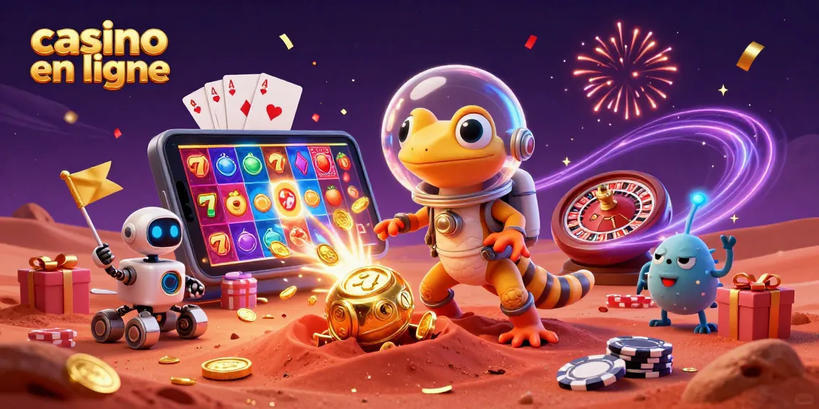 Encouragez l'exploration des jeux de casino en ligne avec un gecko martien découvrant un casino doré.
