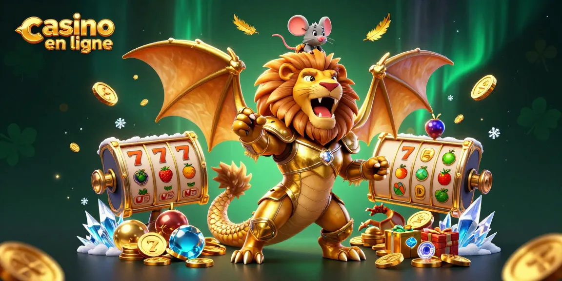Découvrez le monde fascinant du casino en ligne avec cette illustration dynamique d'une chimère victorieuse entourée de symboles de chance.