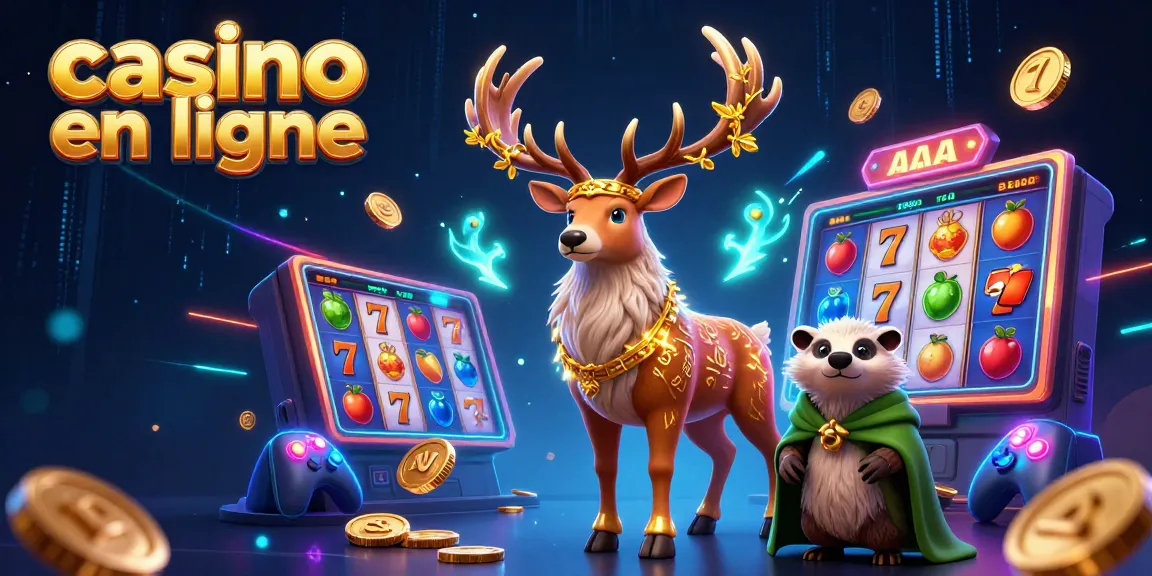 Jouer au casino en ligne avec un druid stag entouré de machines à sous colorées et de symboles chanceux.