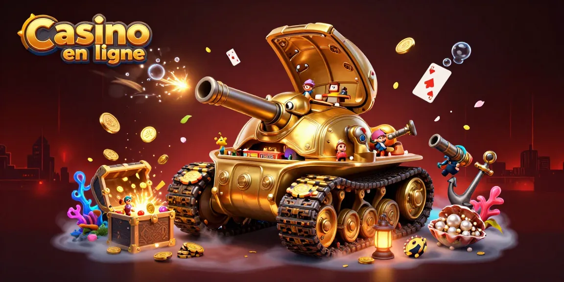 Casino en ligne animé avec un tank à scarabée doré et un casino miniature, explosant de trésors sous-marins.