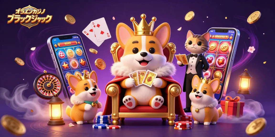 オンラインカジノ ブラックジャックでカラフルなスロットゲームを背景にしたコーギーと猫のバトラーのイラスト