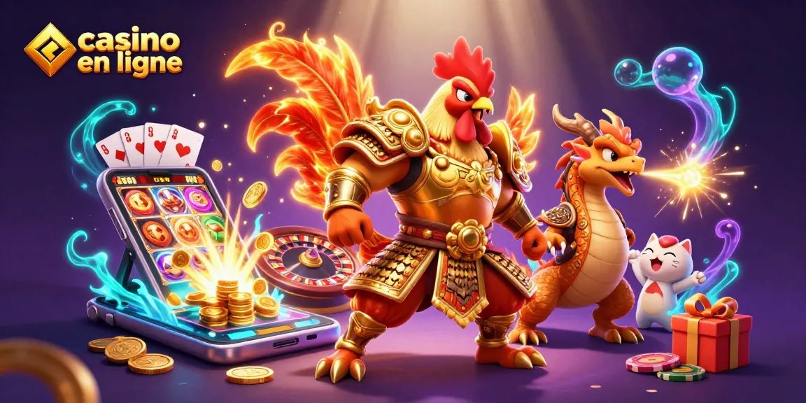 Célébrez avec notre illustration de casino en ligne, incluant un guerrier coq et un dragon, riches en action.