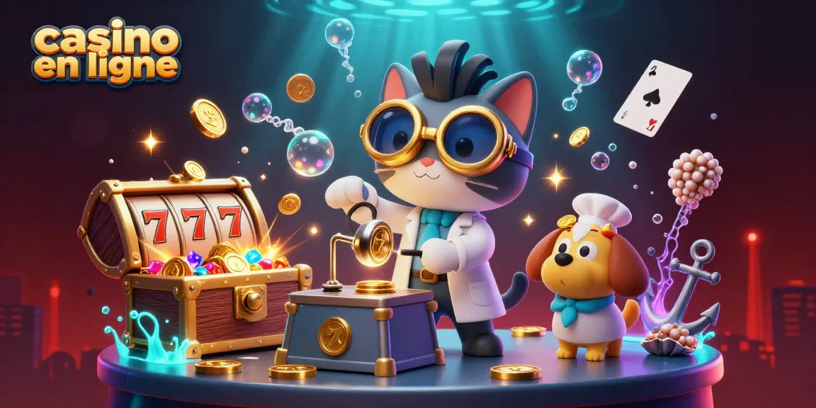 Illustration dynamique d'un casino en ligne, avec un chat scientifique et un chien assistant créant des machines à sous.