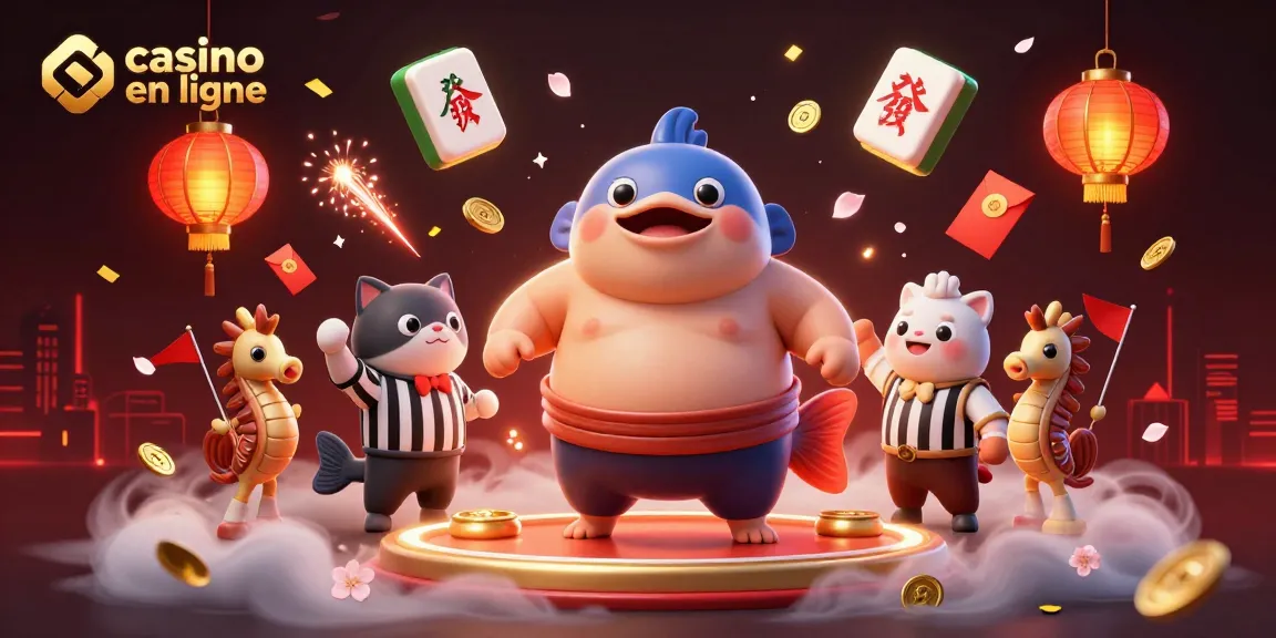 Jouez sur casino en ligne avec cette illustration dynamique d'un fugu sumo et un arbitre poisson-chat.