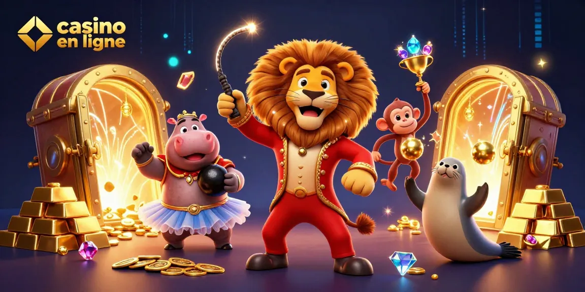 Vivez l'expérience d'un casino en ligne avec un lion cracheur de feu et des personnages amusants entourés de trésors.