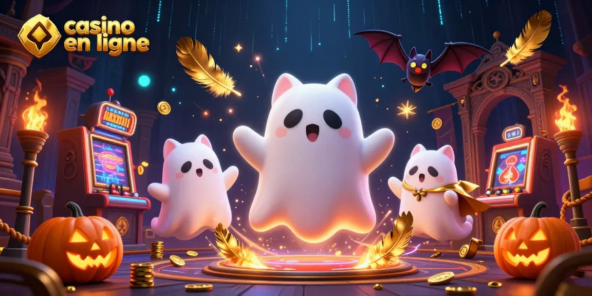 Préparez-vous à gagner avec casino en ligne, un chat fantôme et une chauve-souris vampire dans une scène animée.