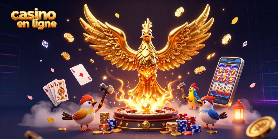 Plongez dans l'univers du casino en ligne avec un phénix doré, des pièces d'or et des cartes à jouer.