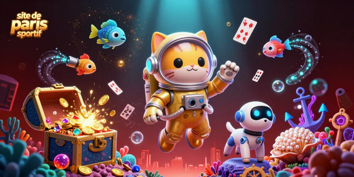 Visualisez le site de paris sportif avec un chat astronaute et des éléments de jeu captivants.