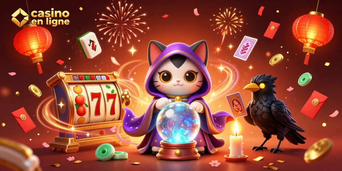 Jouer au casino en ligne avec un chat mystique et une corneille, entourés de symboles de jackpot.