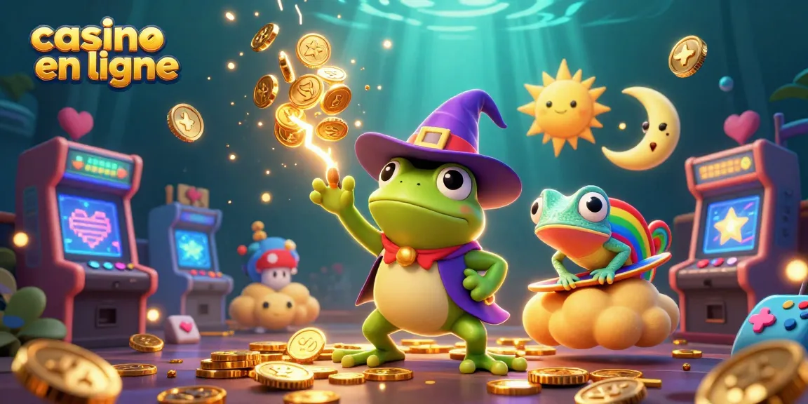 Gagnez avec casino en ligne, une illustration 3D ludique d'une grenouille sorcier et un caméléon.