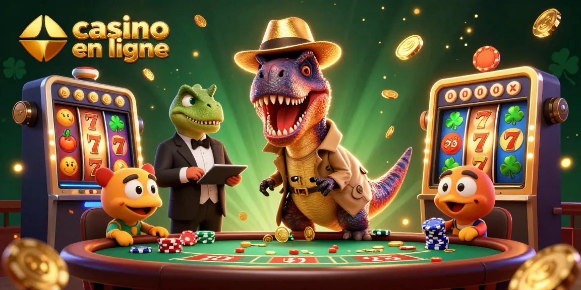 Illustration captivante de casino en ligne avec un velociraptor au blackjack et un pit boss sur fond éblouissant.
