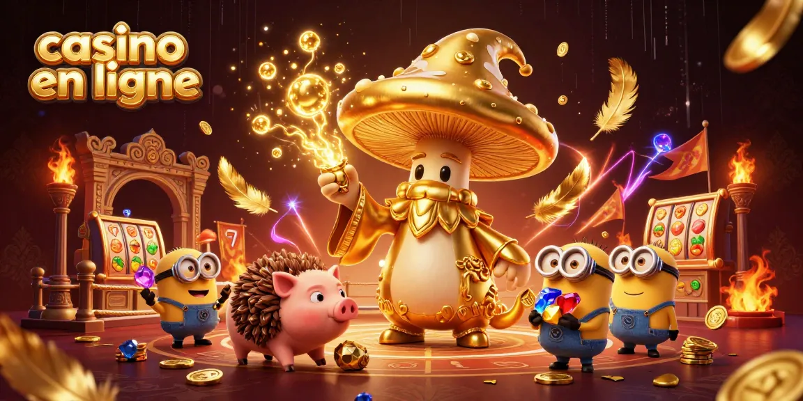 Illustration animée d'un sorcier en or pour un casino en ligne, entouré de trésors et de magie.