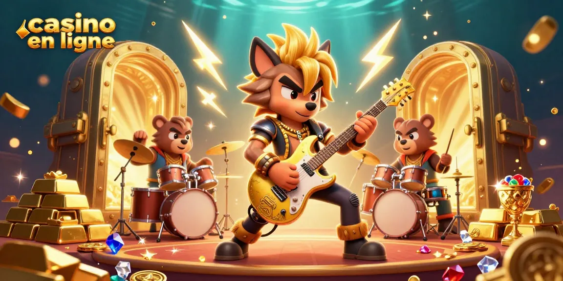 Plongez dans l'univers des casinos en ligne avec un loup rock star et un ours batteur, entourés de richesses.