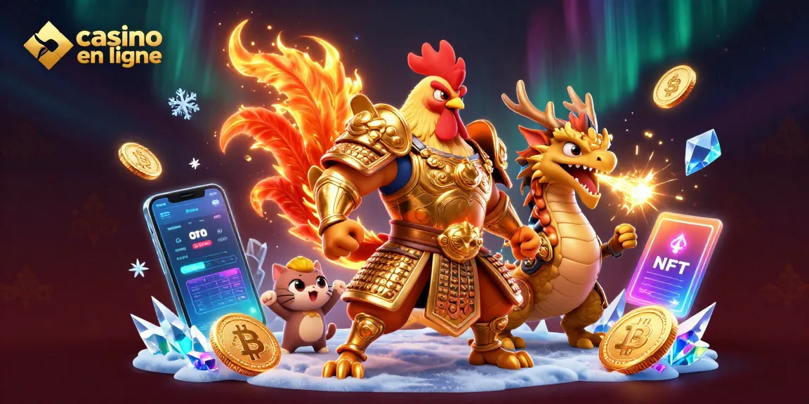 Plongez dans le monde des jeux d'argent avec le casino en ligne, mettant en scène un guerrier coq et un dragon armé.